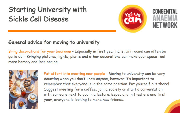 Snapshot from the leaflet 'Starting University with sickle cell disease'