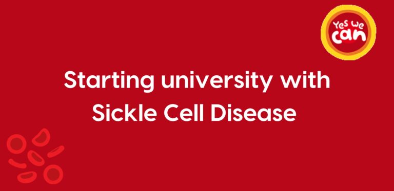 Graphic with red background with the words 'starting university with sickle cell disease'