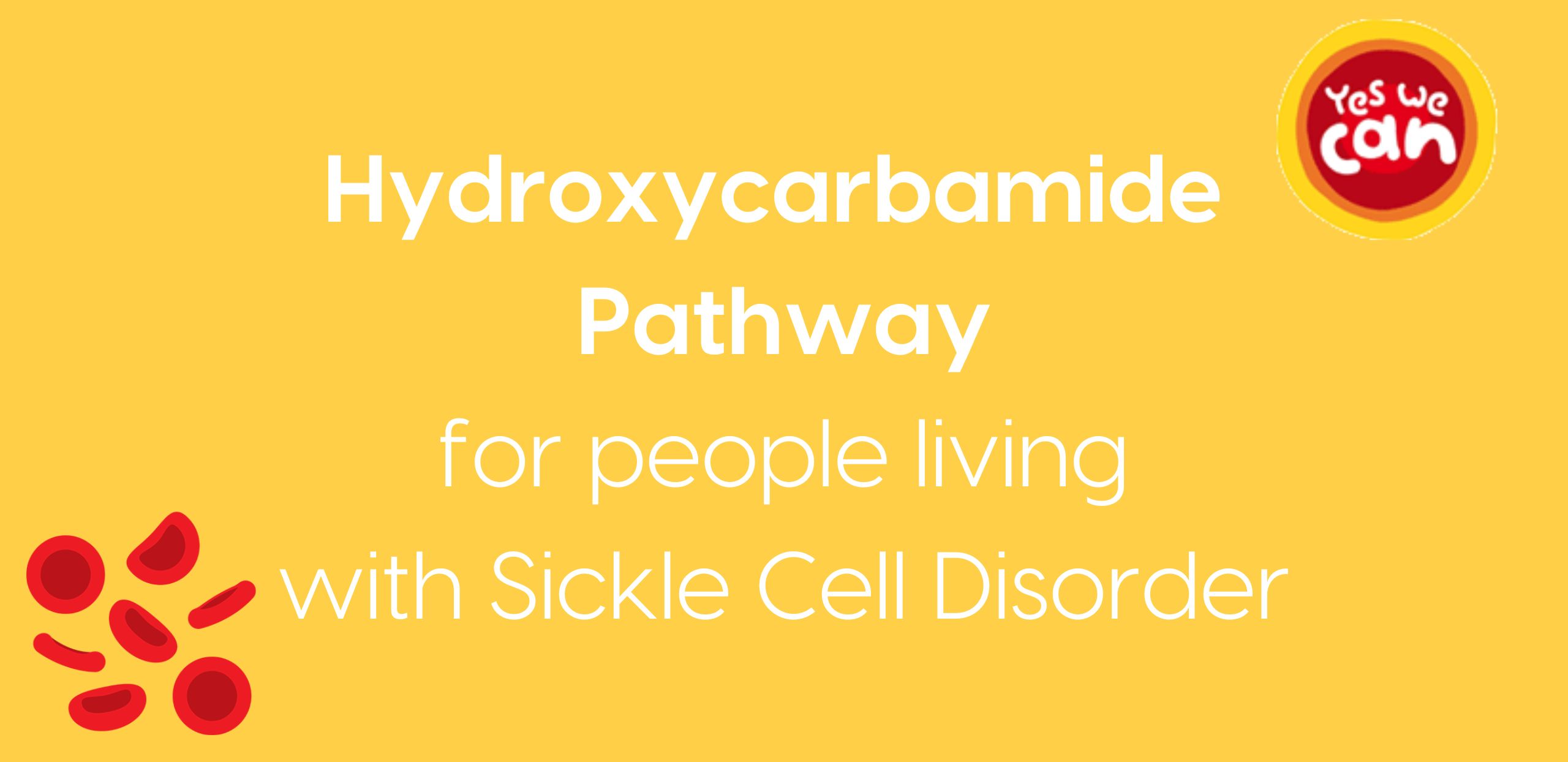 Yellow box with the words 'hydroxycarbamid pathway for people living with sickle cell disorder'