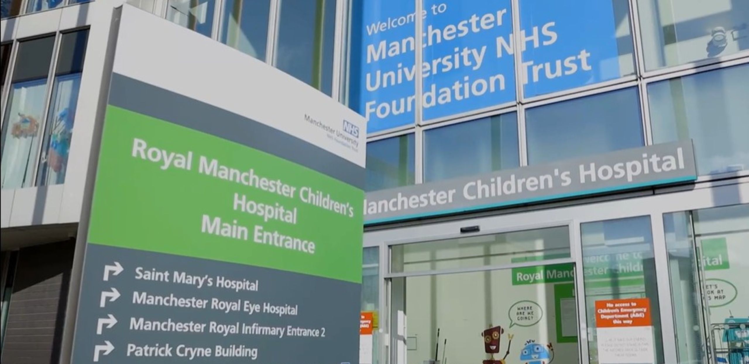 Image shows front entrance of Manchester Hospital Children's unit