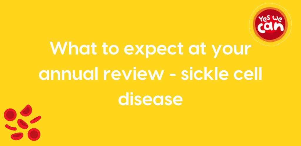 Yellow background with the words "what to expect at your annual review: sickle cell disease"